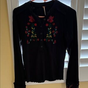 Free People Black Long Sleeve Henley with Multicolor Floral Embroidery